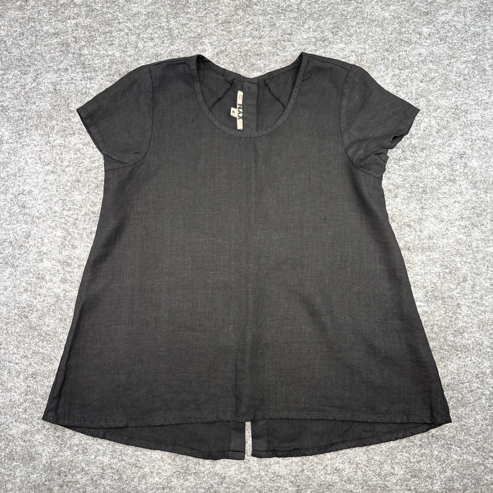 NEW Flax back button linen top women's S 6-10 black short sleeve lagenlook boho